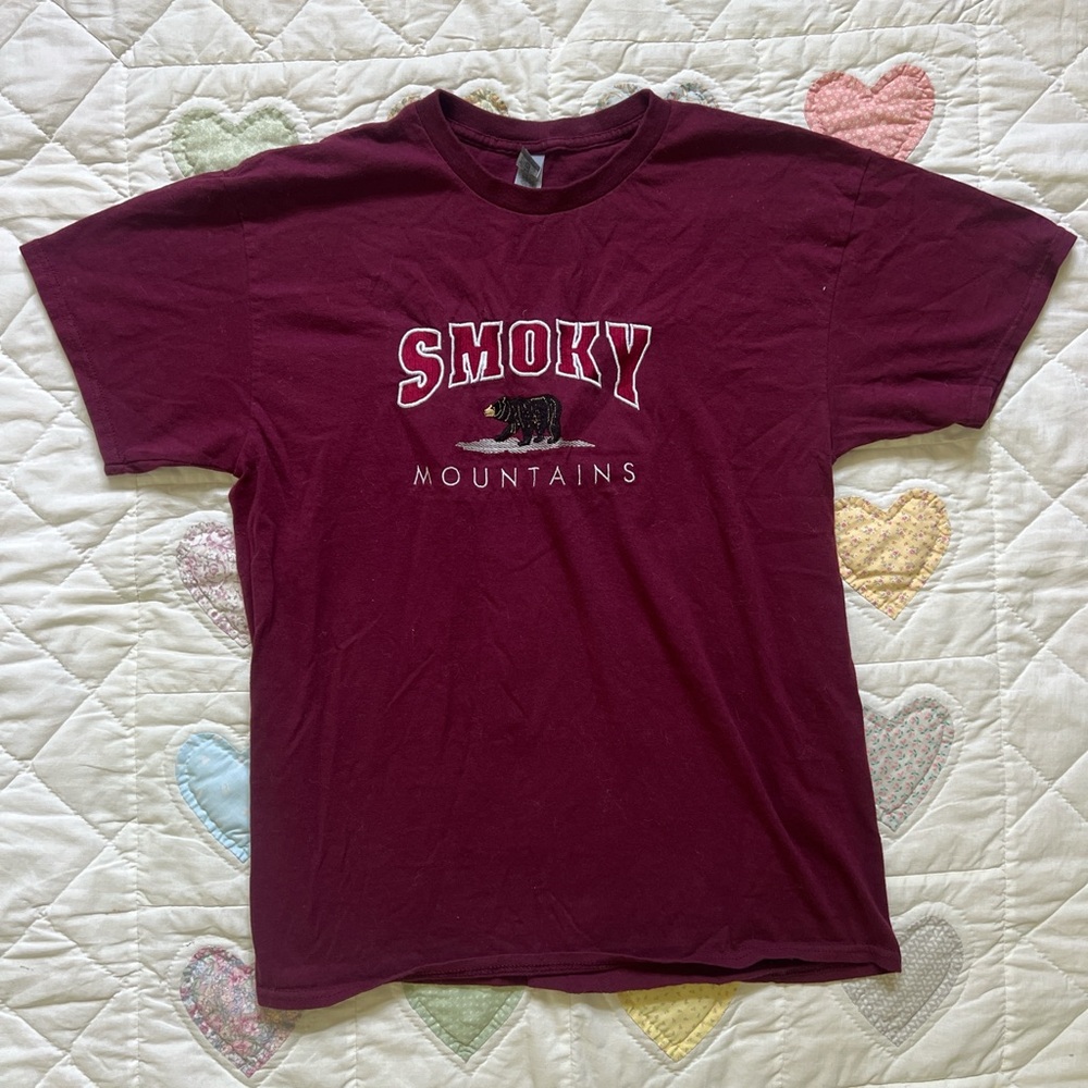 Burgundy Smoky Mountains women’s graphic cotton T-shirt size L outdoor park camp